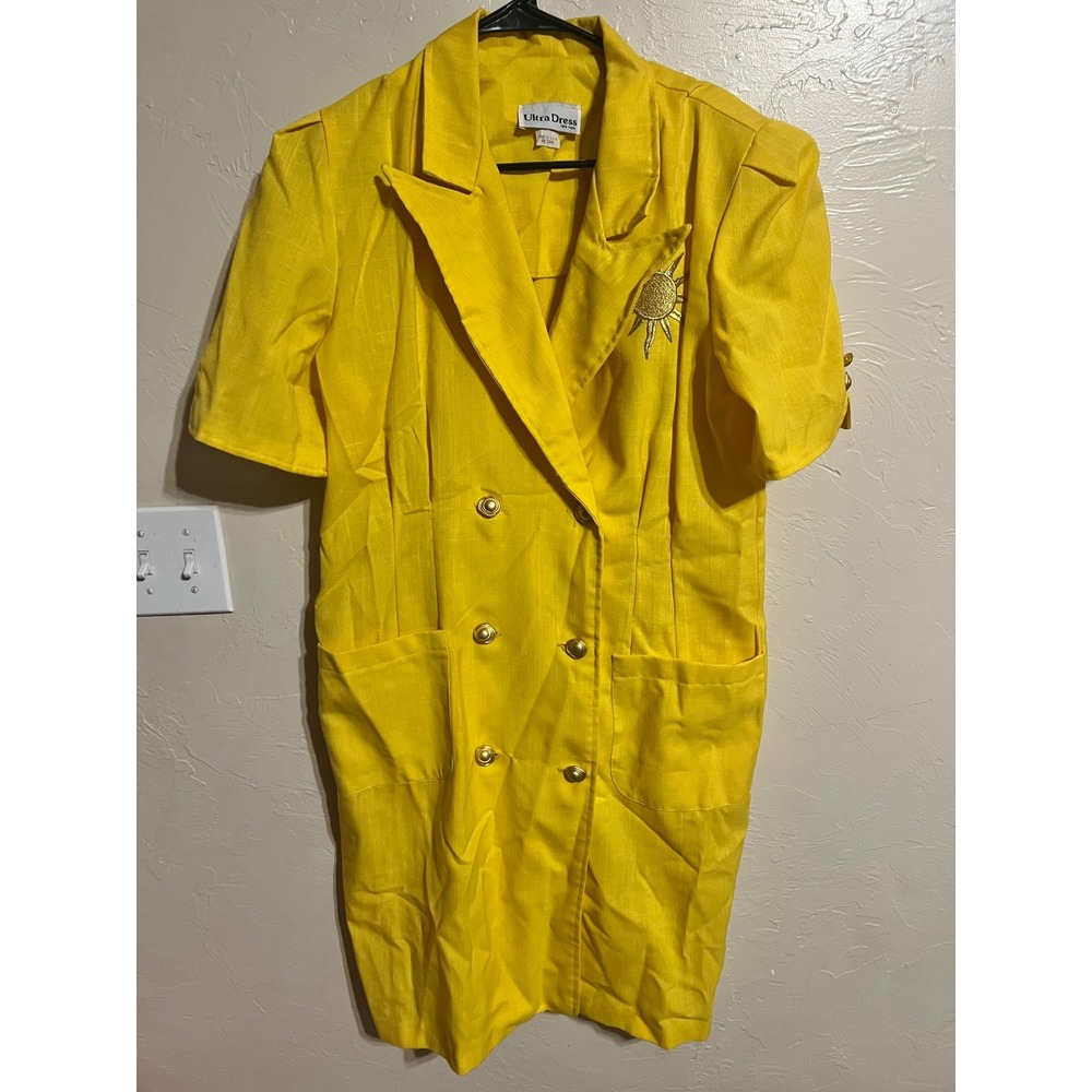 Ultra Dress New York Yellow Linen Blend Blazer Dress Sun Brooch Double‎ Breasted
